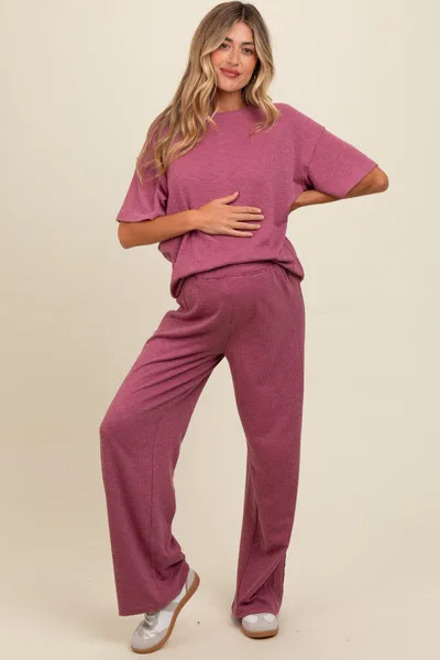 PinkBlush Mauve Textured Knit Oversized Tee And Pants Maternity Set