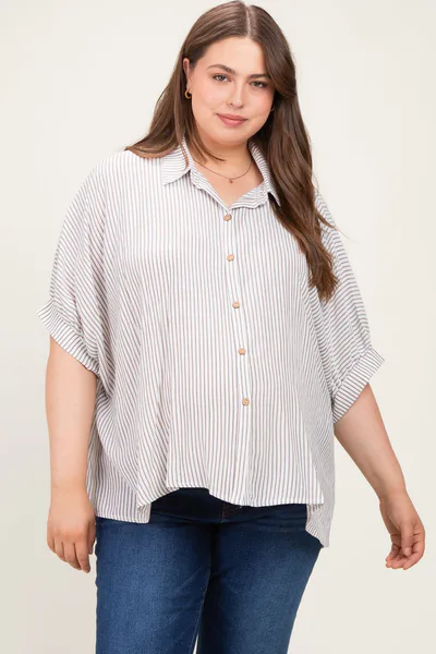 PinkBlush Brown Plus Woven Stripe Button Down  Maternity Top