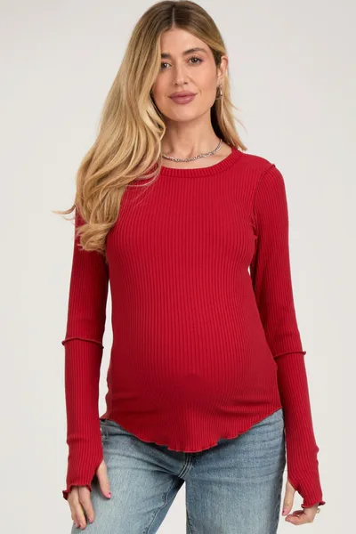 PinkBlush Red Ribbed Maternity Long Sleeve Top