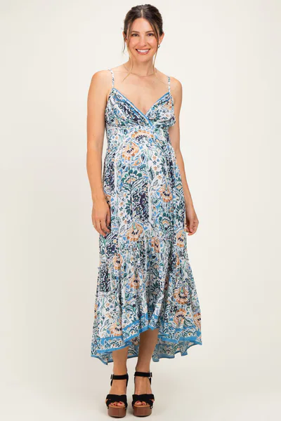 PinkBlush Blue Floral V-Neck Maternity Midi Dress