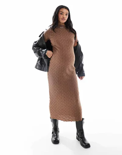 ASOS Mamalicious textured jersey midi dress with lettuce edges in brown