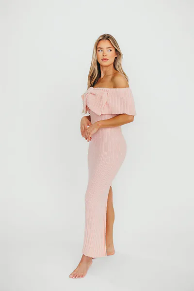Worth Collective Aston Bow Front Maxi Sweater Dress in Pinkish Petal – Bump Friendly & Inclusive Sizing (XS-3XL)