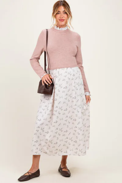 PinkBlush Cream Floral Sweater Contrast Maternity Midi Dress