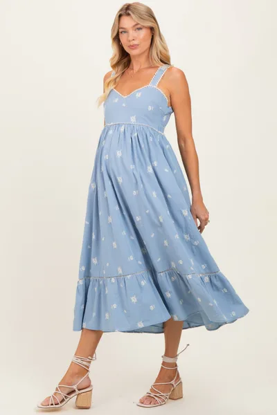 PinkBlush Light Blue Vintage Floral Smocked Maternity Midi Dress