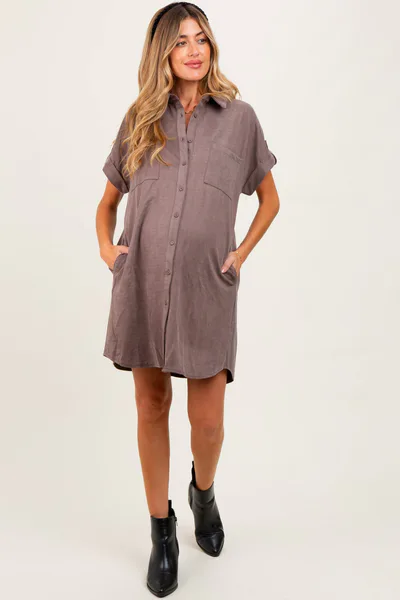 PinkBlush Mocha Faux Suede Button Down Maternity Shirt Dress