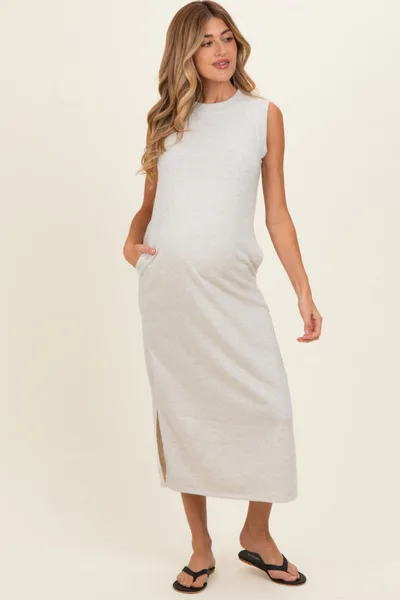 PinkBlush Light Heather Grey Sleeveless Side Slit Maternity Midi Dress
