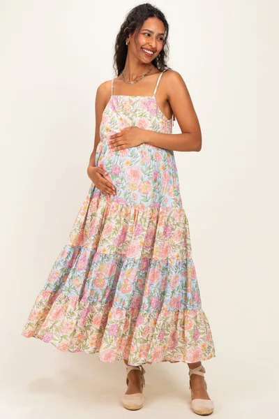 PinkBlush Pink Floral Colorblock Tiered Maternity Maxi Dress