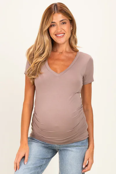 PinkBlush Mocha V-Neck Ruched Side Maternity Top
