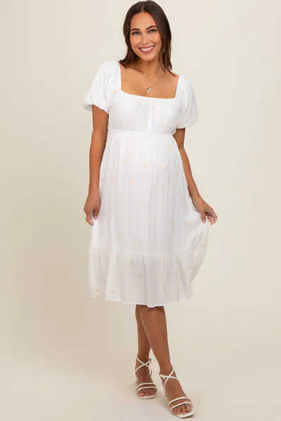 PinkBlush White Heart Embroidered Short Puff Sleeve Maternity Midi Dress