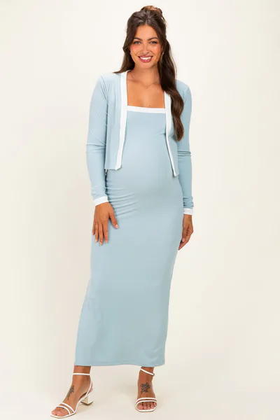 PinkBlush Light Blue/ White Color Block Sleeveless Fitted Dress Maternity Cardigan Set