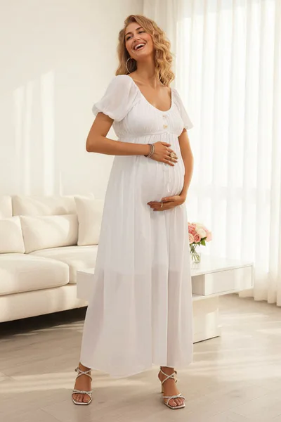 Summer Mae Summer Mae Empire Waist Maternity Midi Dress | Adjustable Tie Puff Sleeve Bump Friendly Everyday Casual Dress