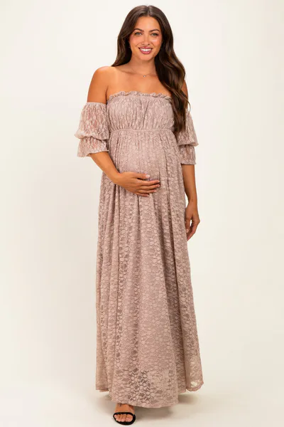 PinkBlush Mocha Lace Off Shoulder Maternity Maxi Dress