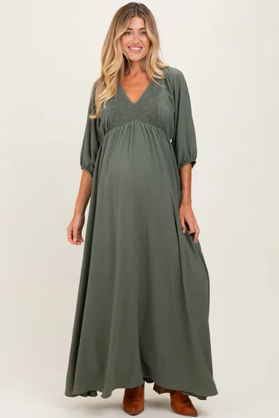 PinkBlush Olive Solid 3/4 Sleeve Smocked Top V-Neck Maternity Maxi Dress