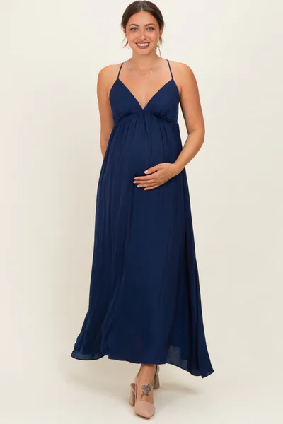 PinkBlush Navy V-Neck Open Back Maternity Maxi Dress