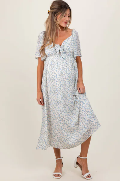 PinkBlush Blue Floral Front Tie Maternity Midi Dress