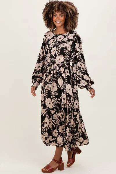 PinkBlush Black Floral Striped Long Sleeve Maternity Midi Dress