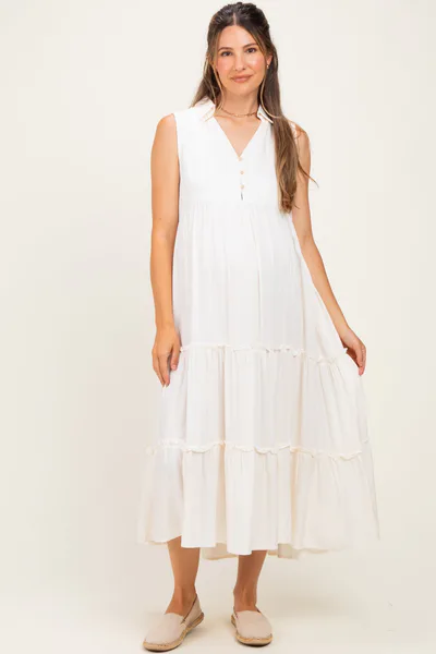 PinkBlush Cream Sleeveless Button Up Tiered Maternity Maxi Dress