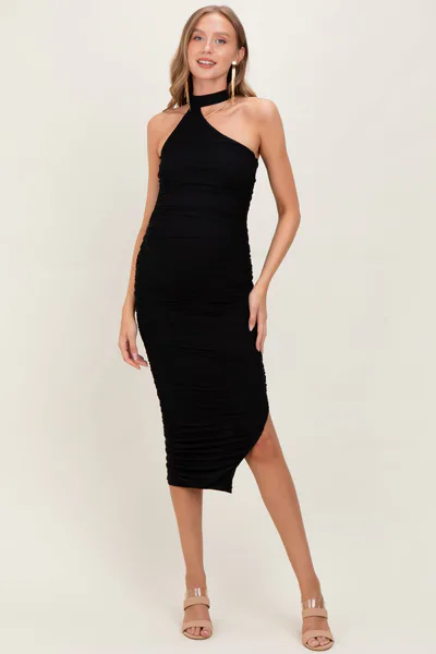 PinkBlush Black Mesh Draped Scarf Ruched Maternity Midi Dress