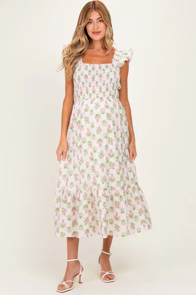PinkBlush Pink Floral Smocked Sleeveless Maternity Midi Dress