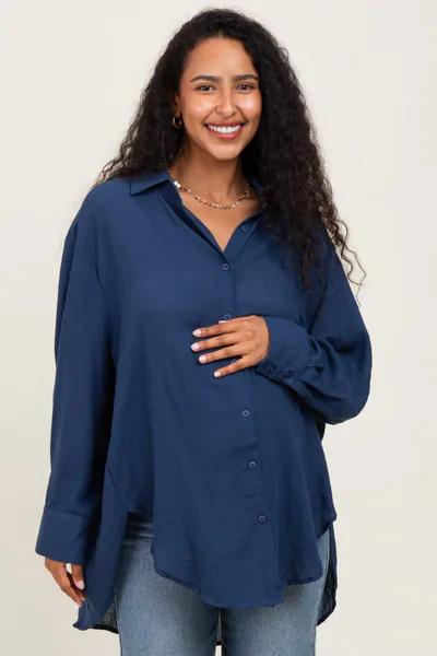 PinkBlush Navy Lightweight Sheer Button Down Maternity Blouse