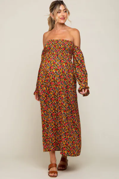 PinkBlush Red Floral Long Sleeve Maternity Maxi Dress