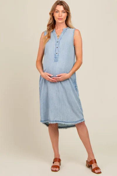 PinkBlush Light Blue Chambray Button Up Fringe Sleeveless Maternity Dress