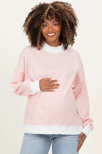 PinkBlush Peach Striped Mock Neck Maternity Sweatshirt