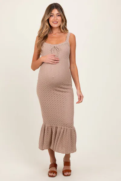 PinkBlush Light Taupe Crochet Knit Front Tie Maternity Midi Dress