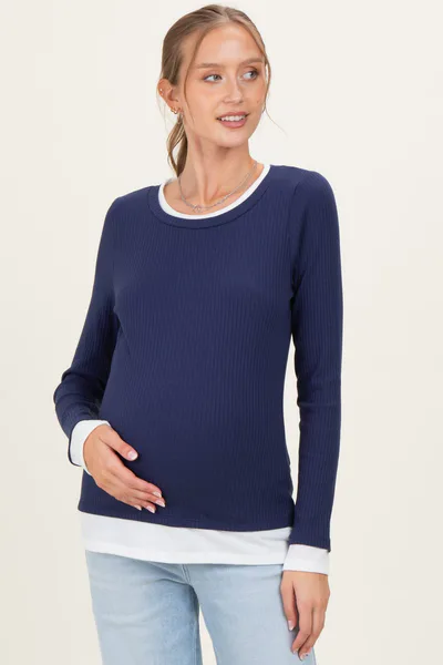 PinkBlush Navy Ribbed Long Sleeve Double Layer Maternity Top