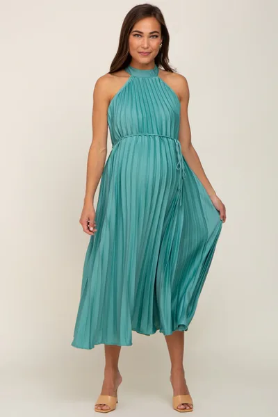 PinkBlush Mint Green Pleated Maternity Halter Dress