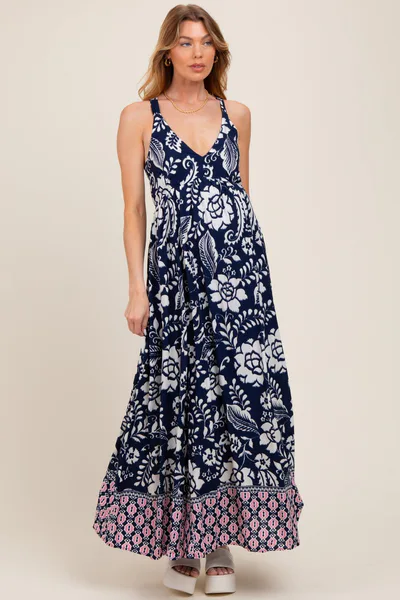 PinkBlush Navy Floral Crisscross Back Cutout Maternity Maxi Dress