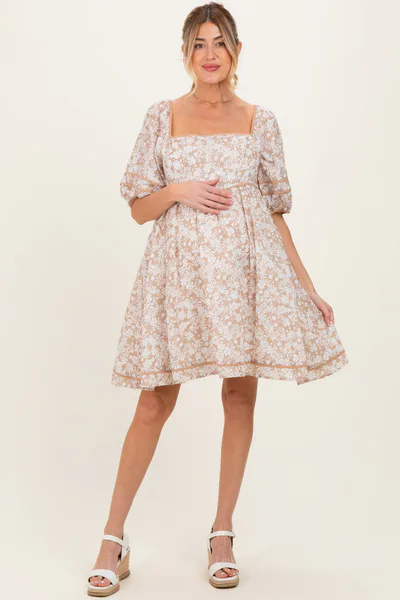 PinkBlush Taupe Contrast Binded Floral Maternity Mini Dress
