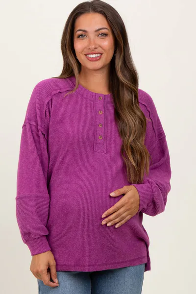 PinkBlush Plum Oversized Ribbed Knit Henley Maternity Sweater
