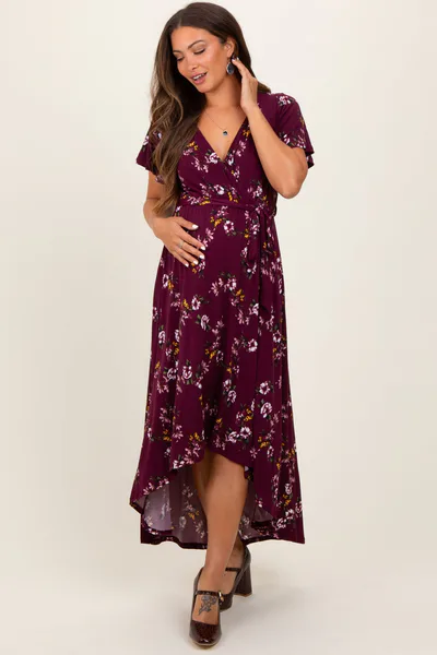 PinkBlush Burgundy Floral Short Sleeve Wrap Hi-Low Maternity Maxi Dress