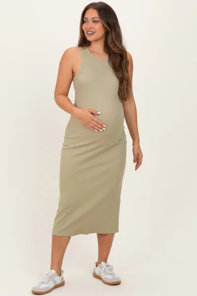 PinkBlush Light Olive Ribbed Maternity Tank Midi Dress