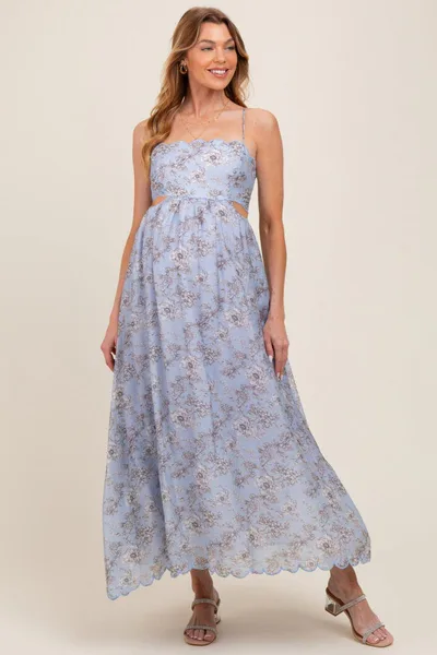 PinkBlush Blue Floral Scallop Edge Back Cutout Maternity Maxi Dress