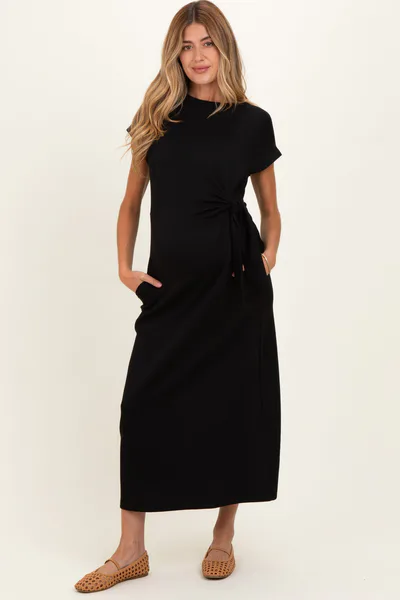 PinkBlush Black Side Tie Short Sleeve Maternity Midi Dress