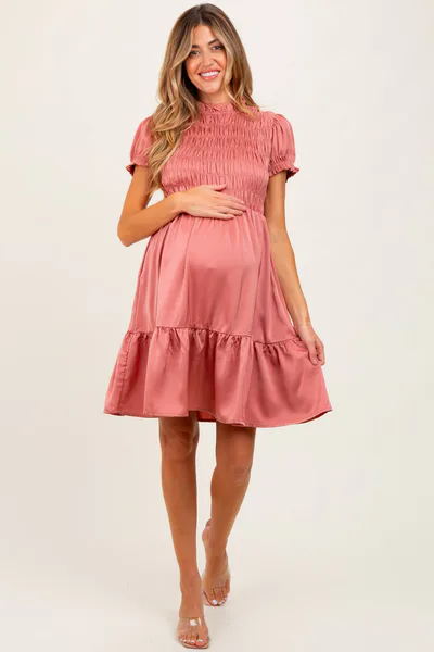 PinkBlush Mauve Satin Smocked Mock Neck Maternity Dress