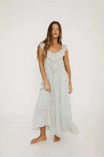 Worth Collective Desi Maxi Dress in Light Blue - Bump Friendly for Early Maternity