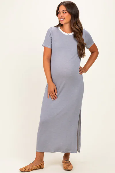 PinkBlush Ivory/ Navy Striped Short Sleeve Maternity Maxi Dress