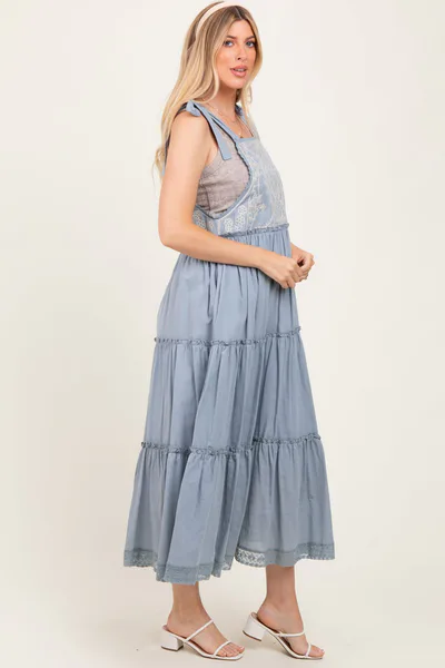 PinkBlush Blue Embroidered Ruffle Tiered Apron Maternity Dress