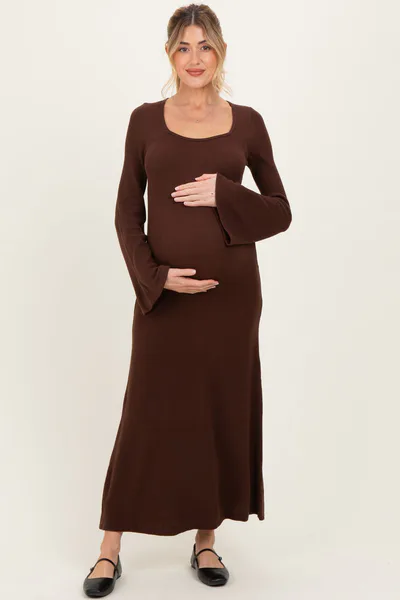 PinkBlush Brown Solid Ribbed Long Sleeve Square Neck Maternity Maxi Dress