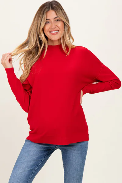 PinkBlush Red Mock Neck Exposed Seam Maternity Sweater