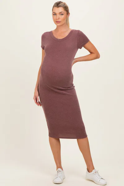 PinkBlush Red Brown Ribbed Short Sleeve Maternity Midi Dress