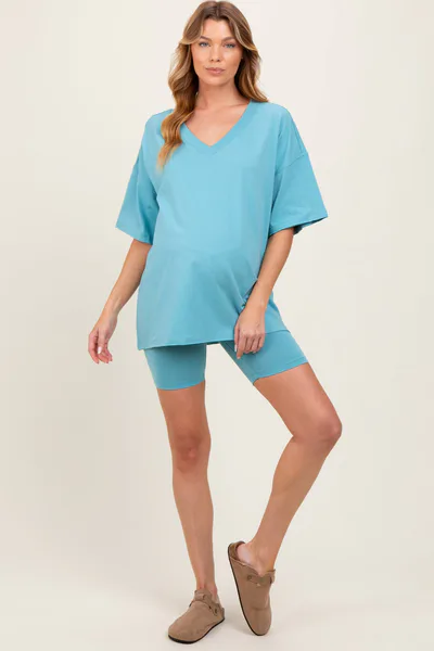 PinkBlush Light Blue Oversized V-Neck Biker Short Maternity Set