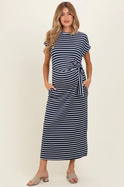 PinkBlush Navy Striped Side Tie Maternity Midi Dress