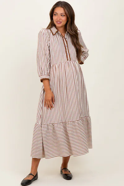 PinkBlush Mocha Striped Scallop Trim 3/4 Sleeve Maternity Midi Dress