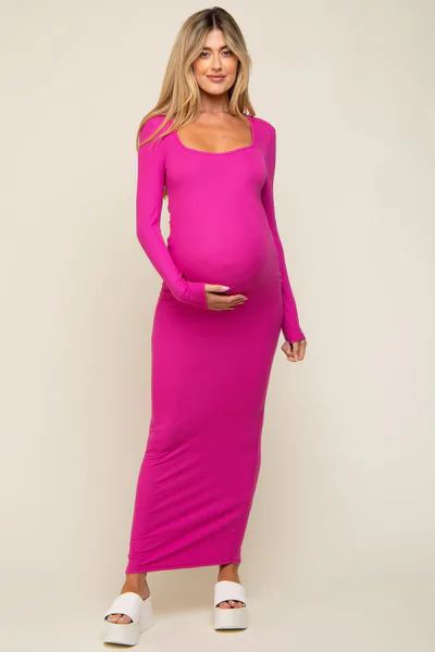PinkBlush Fuchsia Ribbed Long Sleeve Square Neck Maternity Maxi Dress