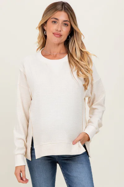 PinkBlush Cream Oversized Contrast Trim Maternity Thermal Pullover