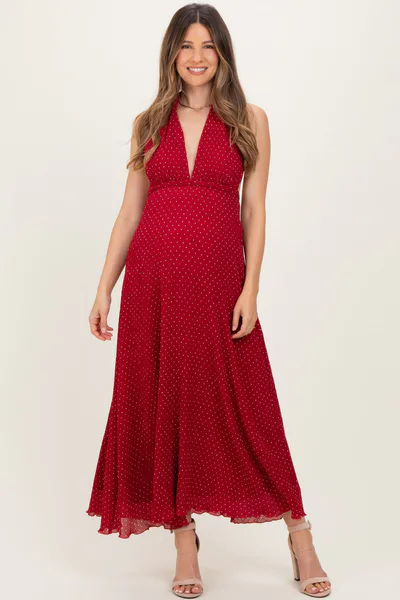 PinkBlush Red Polka Dot Halter Tie Open Back Maternity Maxi Dress